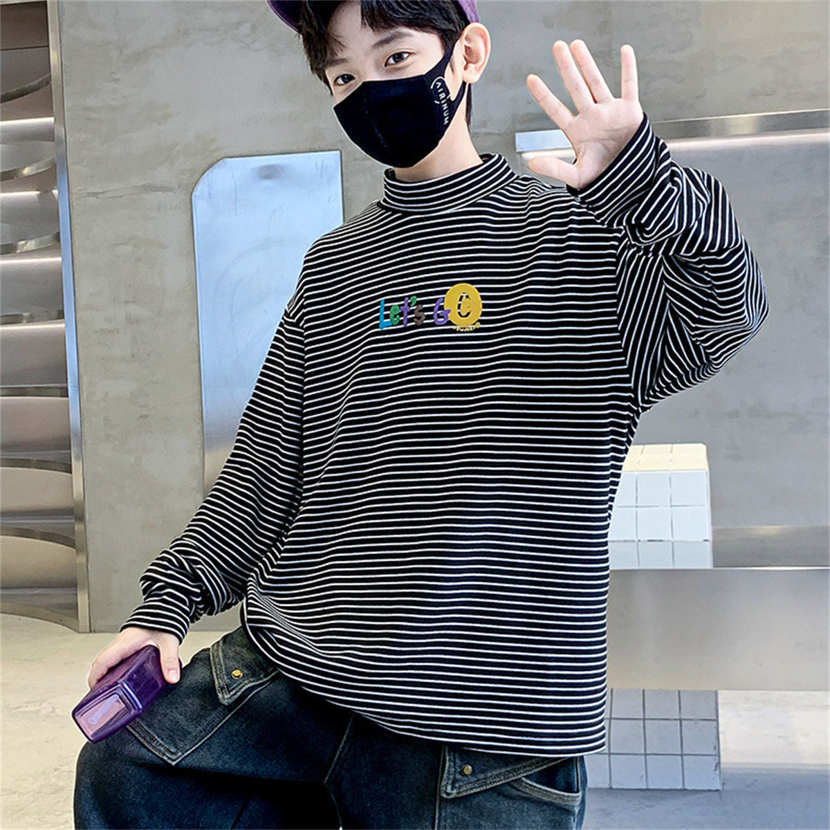 Winter plus velvet cute letter horizontal striped warm bottoming shirt for middle and large boys