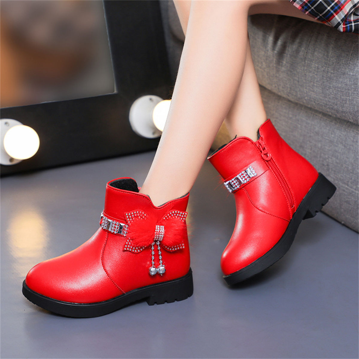 Cute furry and diamond warm waterproof Martin boots for girls in winter