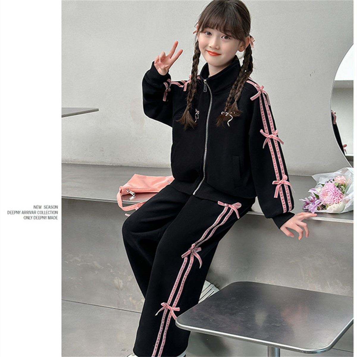 Sports suit children's bow fashionable cardigan fashionable sweatpants two-piece set