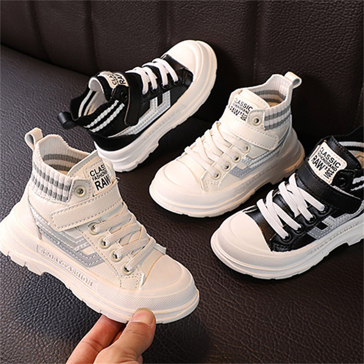 Children&#39;s and boys&#39; autumn color matching fashion casual Velcro high-top canvas shoes