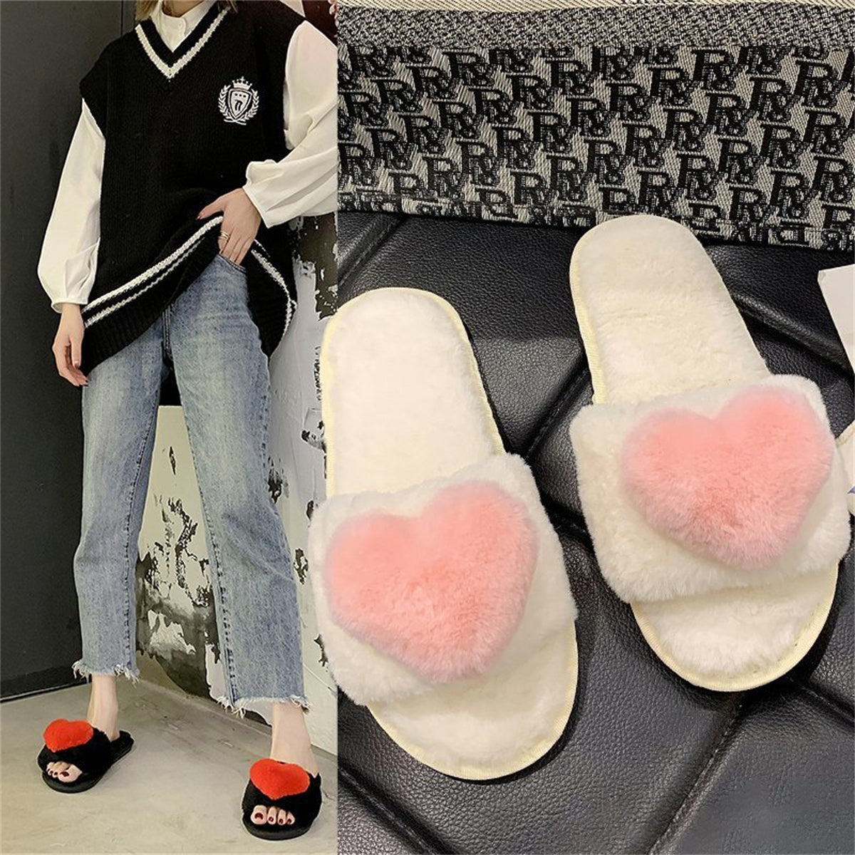 Furry love heart style autumn and winter temperament slippers shallow mouth women flat heel flat bottom daily home furry cotton slippers love word fur slippers