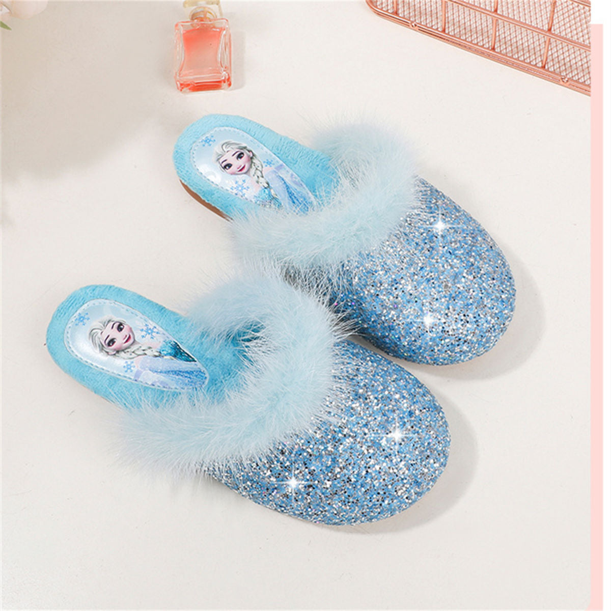 Winter Princess Elsa fur-edged sequined cotton slippers for middle and older girls