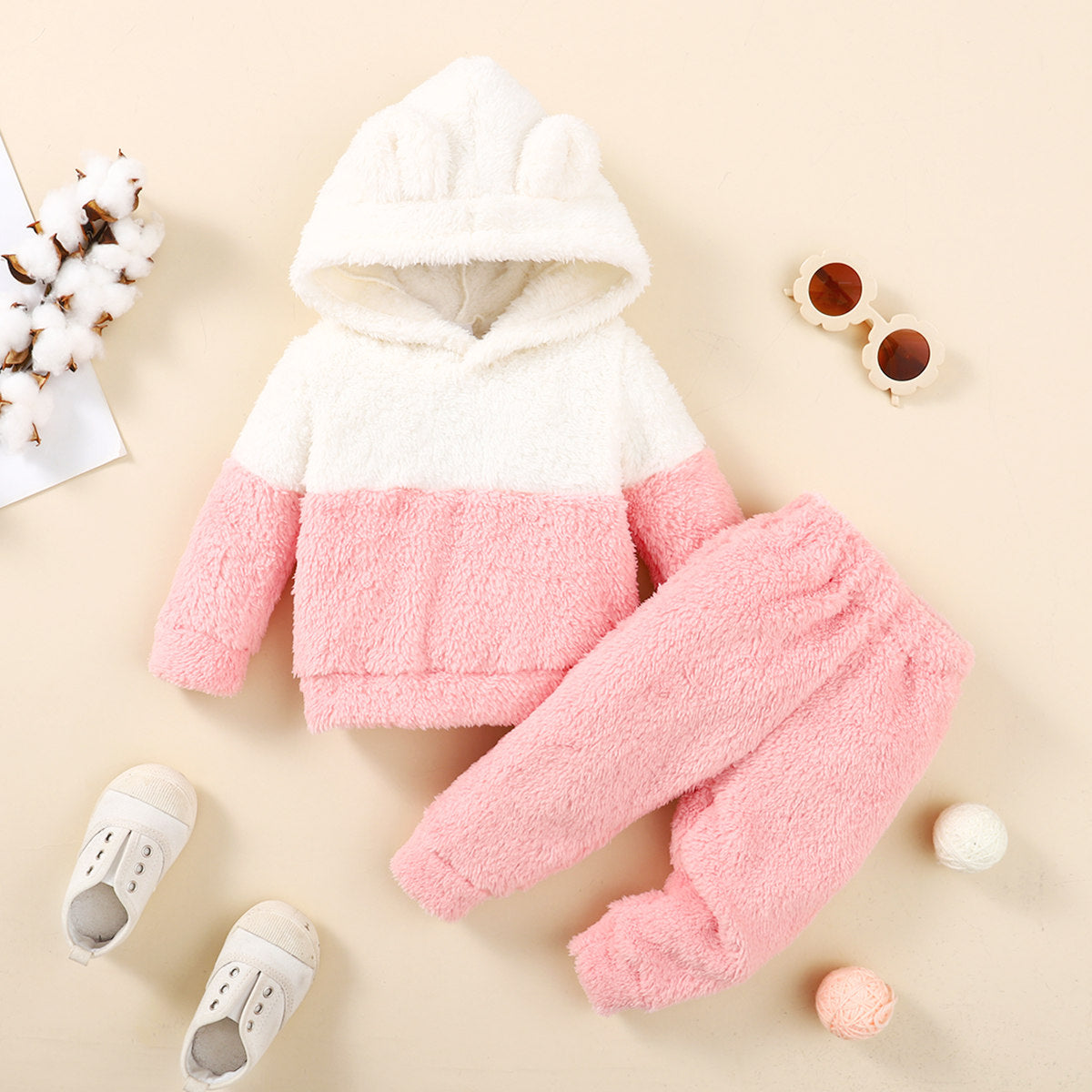 Baby Girl 2 Pieces Color-block Fleeced Hooded Sweater & Pants For Winter