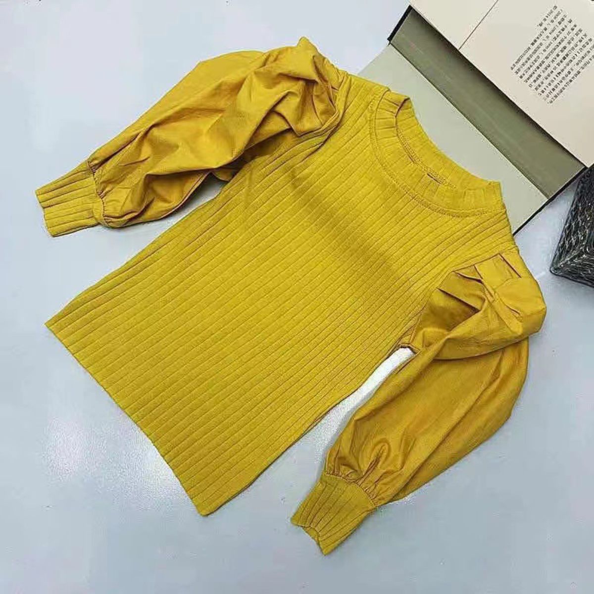 Girls' bottoming shirt new style children's puff sleeves ribbed long-sleeved T-shirt outer wear baby casual top