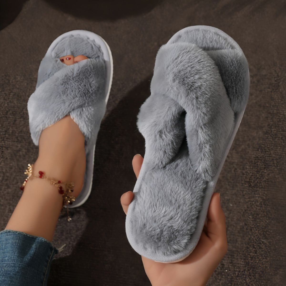 Women's furry cross strap cotton slippers