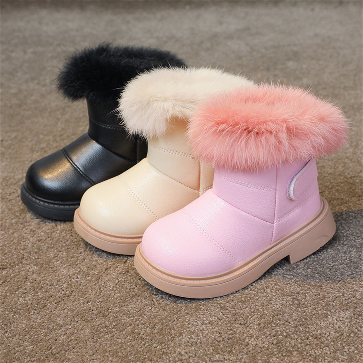 Children's girls winter plush solid color cute plush edge waterproof cotton boots