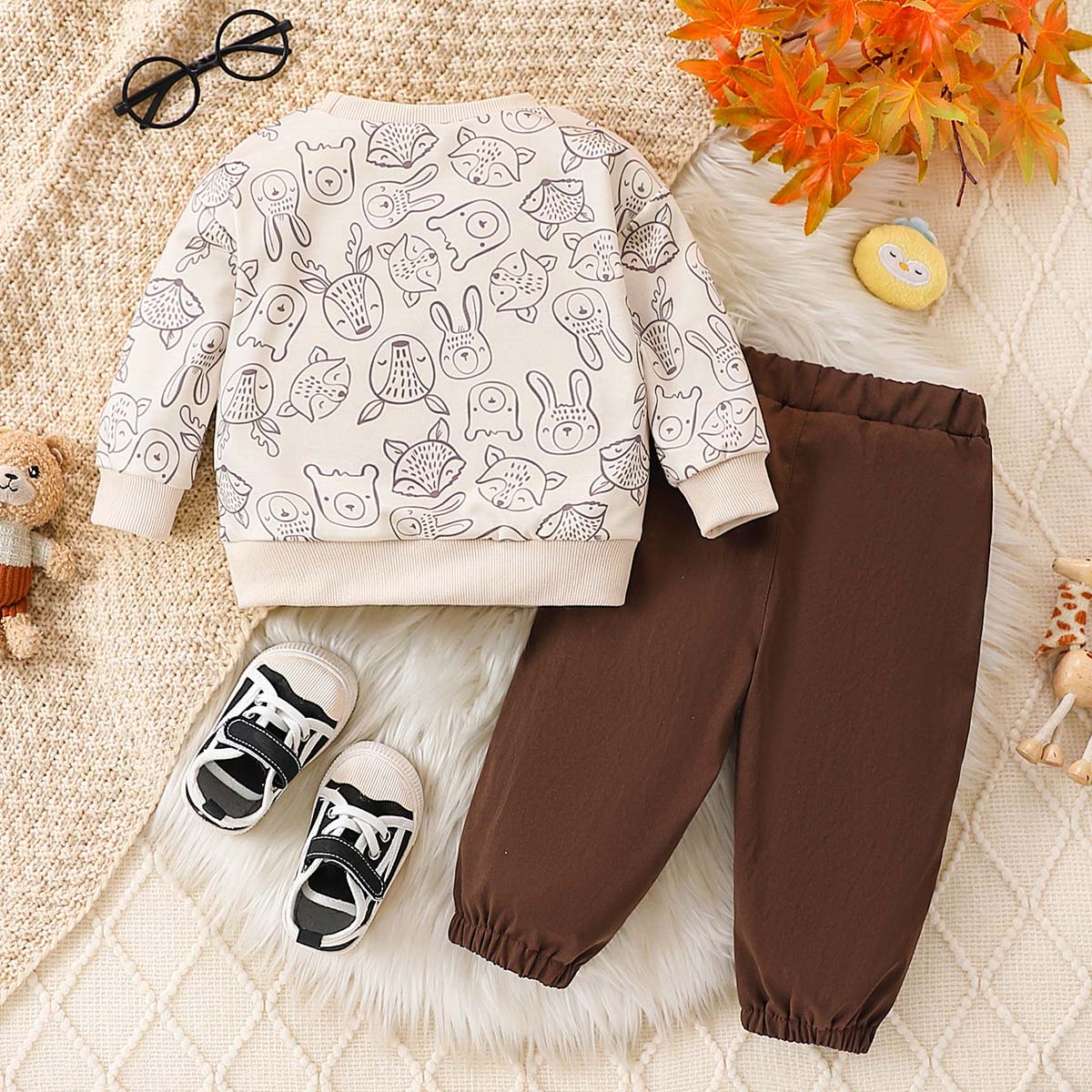 2-pack cartoon animal full-body print ribbed collar trousers long-sleeved suit autumn and winter