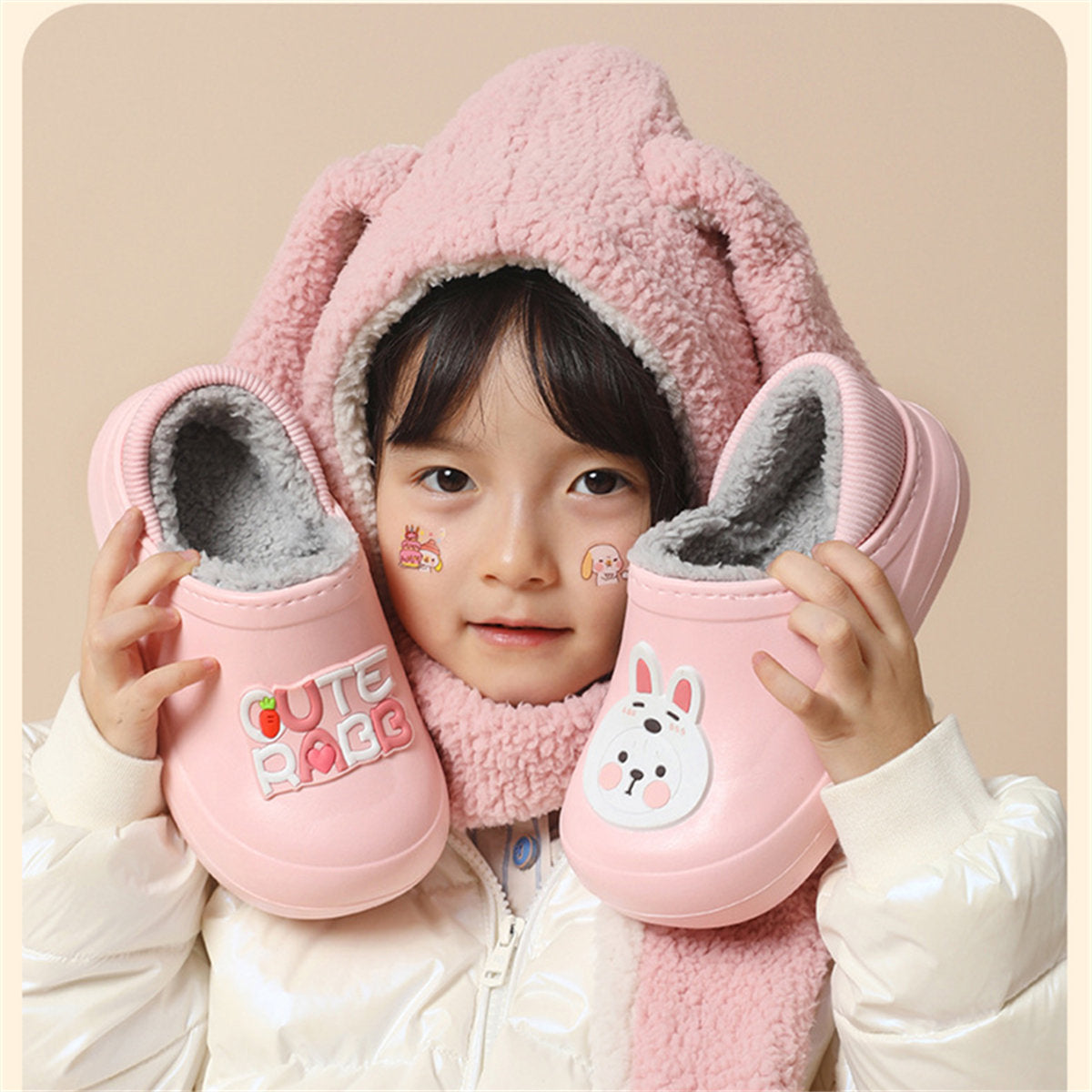 Children's boys and girls autumn and winter cute patterns indoor non-slip home waterproof plus velvet cotton slippers