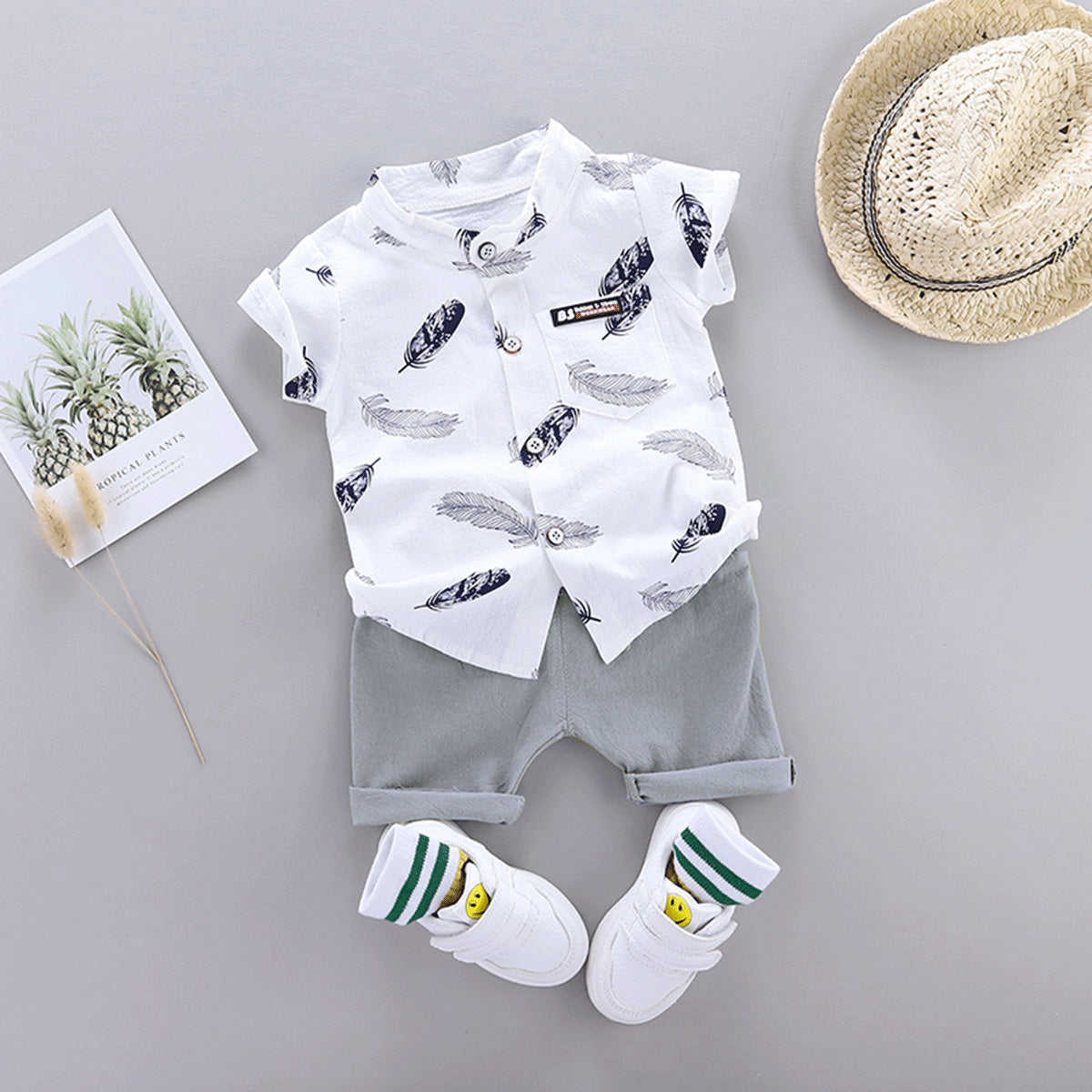 Baby Boy Feather Printed Short-sleeve Shirt & Shorts