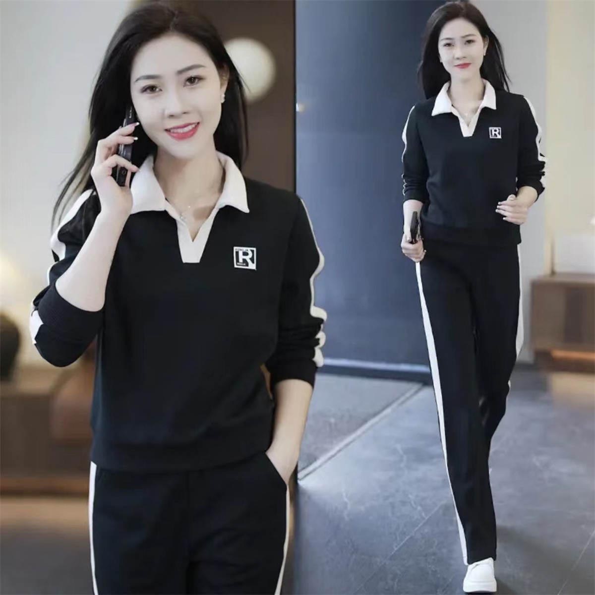 Women's simple lapel sweatshirt + sweatpants two-piece set