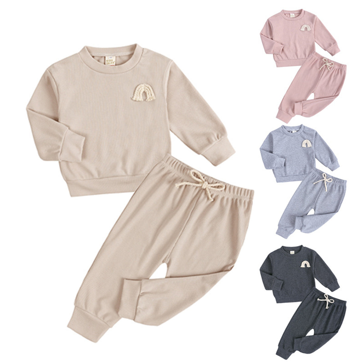 Baby autumn and winter round neck embroidered long sleeve trousers ribbed suit