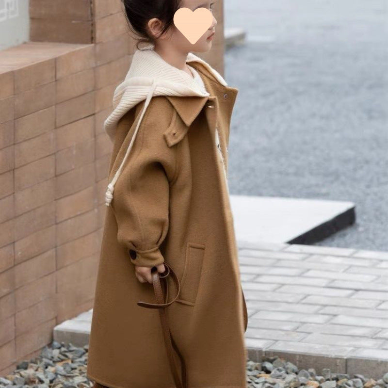 Girls woolen coat with hood, medium-length coat (hood is removable)