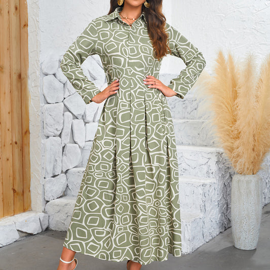 Lapel Printed Long Sleeve Ladies Bohemian Beltless Dress