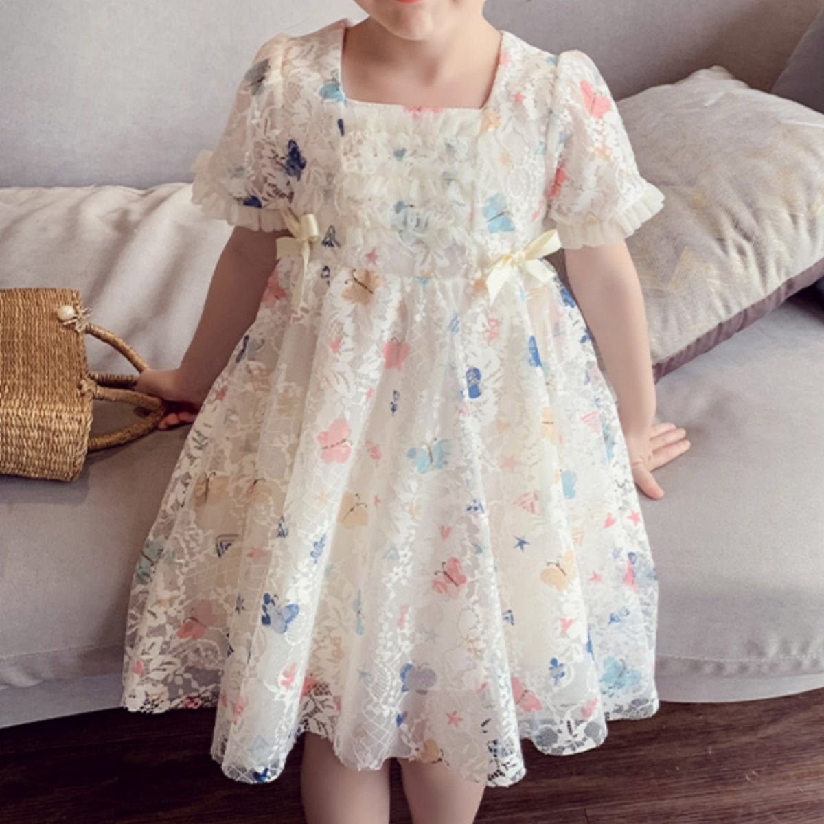 Summer children's butterfly lace mesh short-sleeved dress