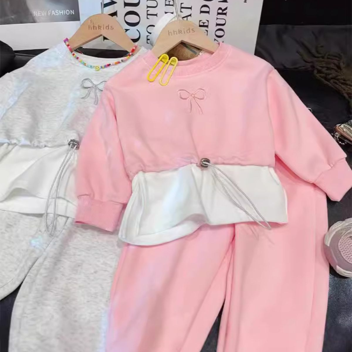 New autumn girls bow sweater suit children's round neck top casual sweatpants two-piece suit