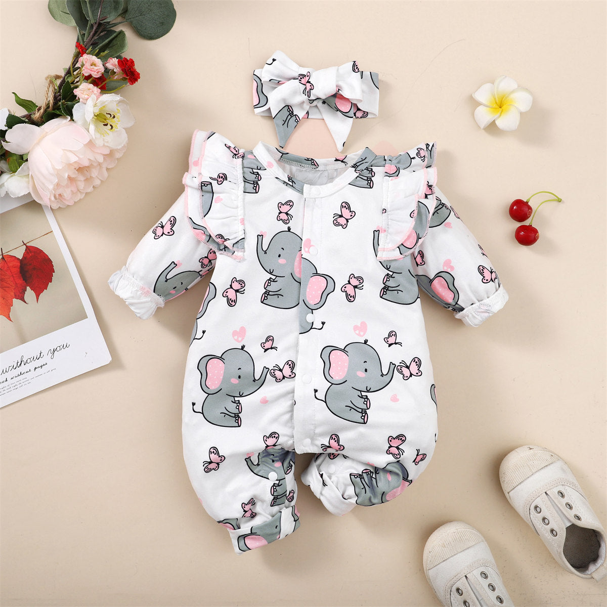 2-piece Baby Girl Ruffled Elephant Printed Button Front Long-sleeved Long-leg Romper & Matching Bowknot Decor Headwrap