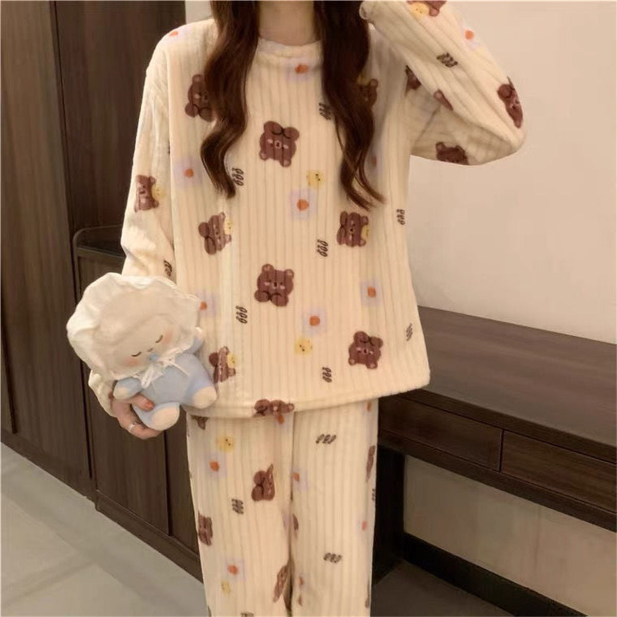 Bear bow print coral fleece suit home clothes