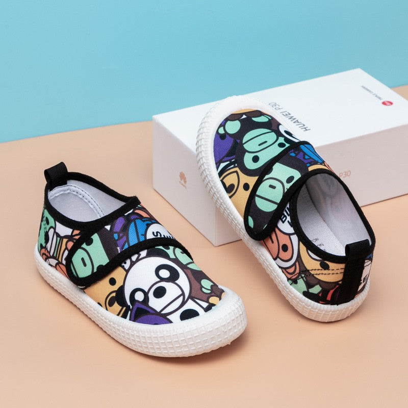 Children's and boys' autumn style cute printed patterns indoor breathable non-slip Velcro low-top canvas shoes