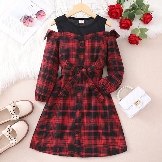 Kid Girl Plaid Patchwork Dew Shoulder Long Sleeve Dress