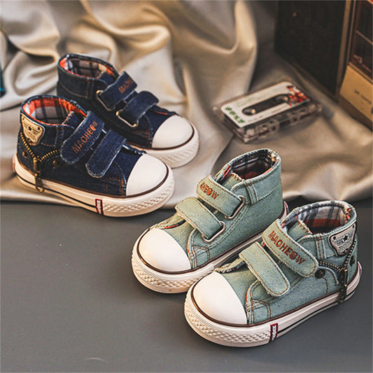 Autumn denim Velcro high-top canvas shoes for boys and girls