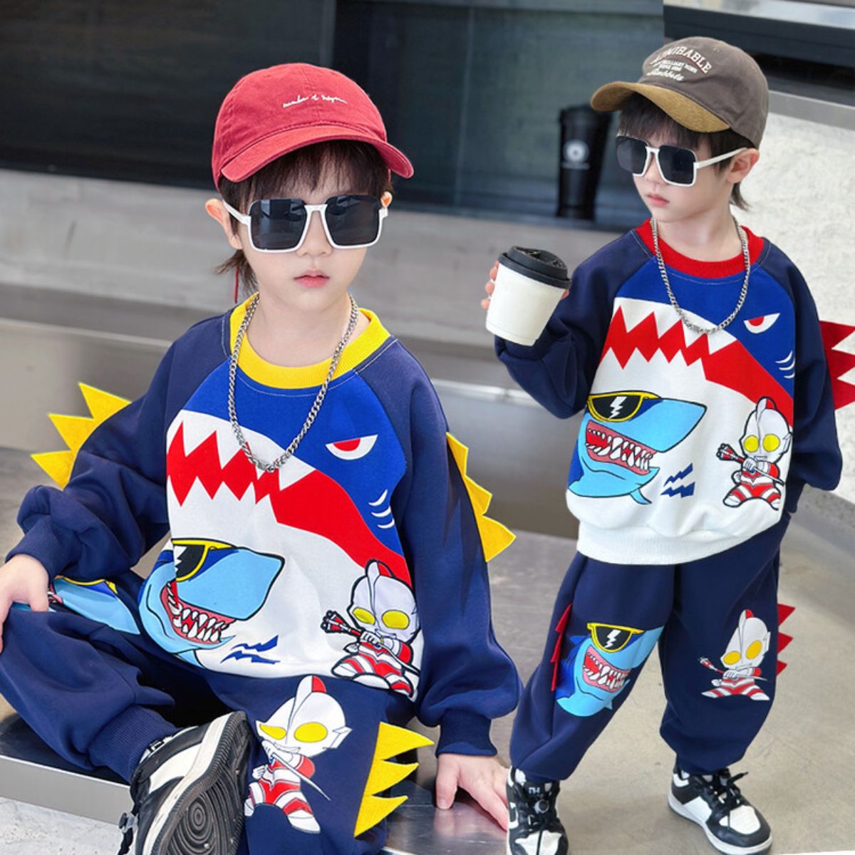 Boys Spring and Autumn Clothes Sawtooth Shark Ultraman Suit Children's Handsome Sweater Sports Baby Clothes Cool