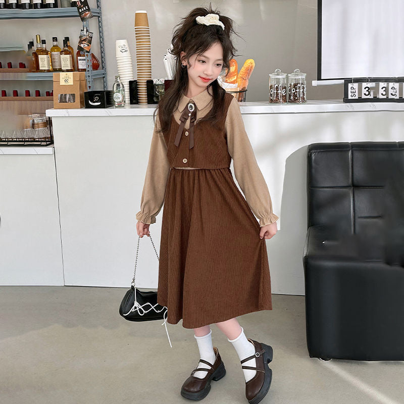 Middle and large children's lapel shirt dress long sleeve retro dress