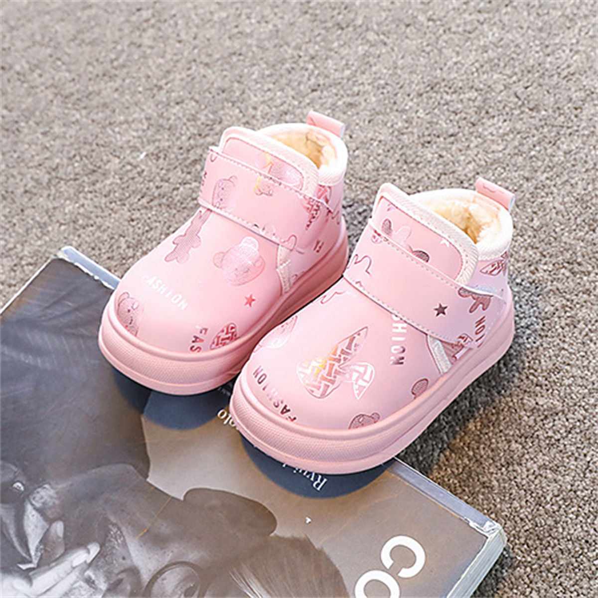 Children's winter velvet cute printed warm waterproof low-top cotton shoes for boys and girls