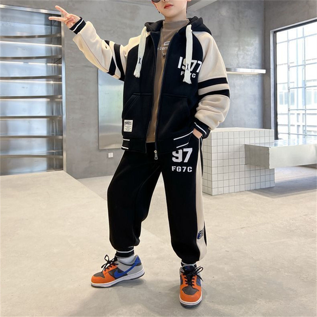 Winter fleece letter sports style sweater suit for middle and large boys