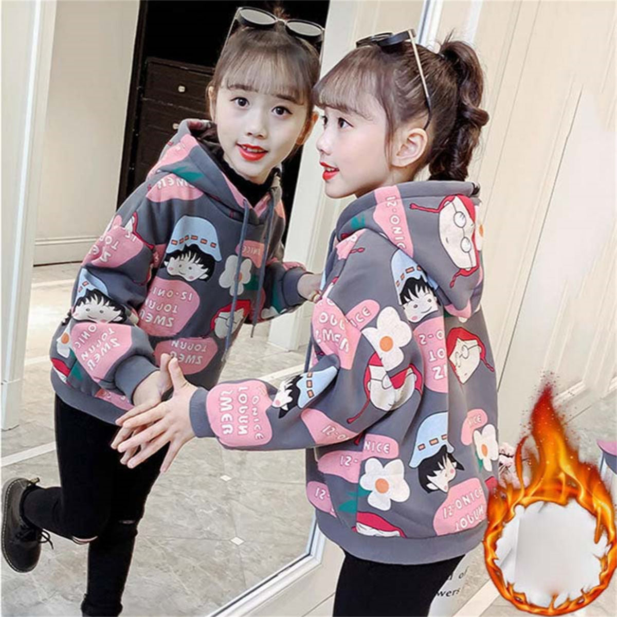 Winter plus velvet cartoon pattern cute style hooded pullover sweatshirt for middle and large children girls