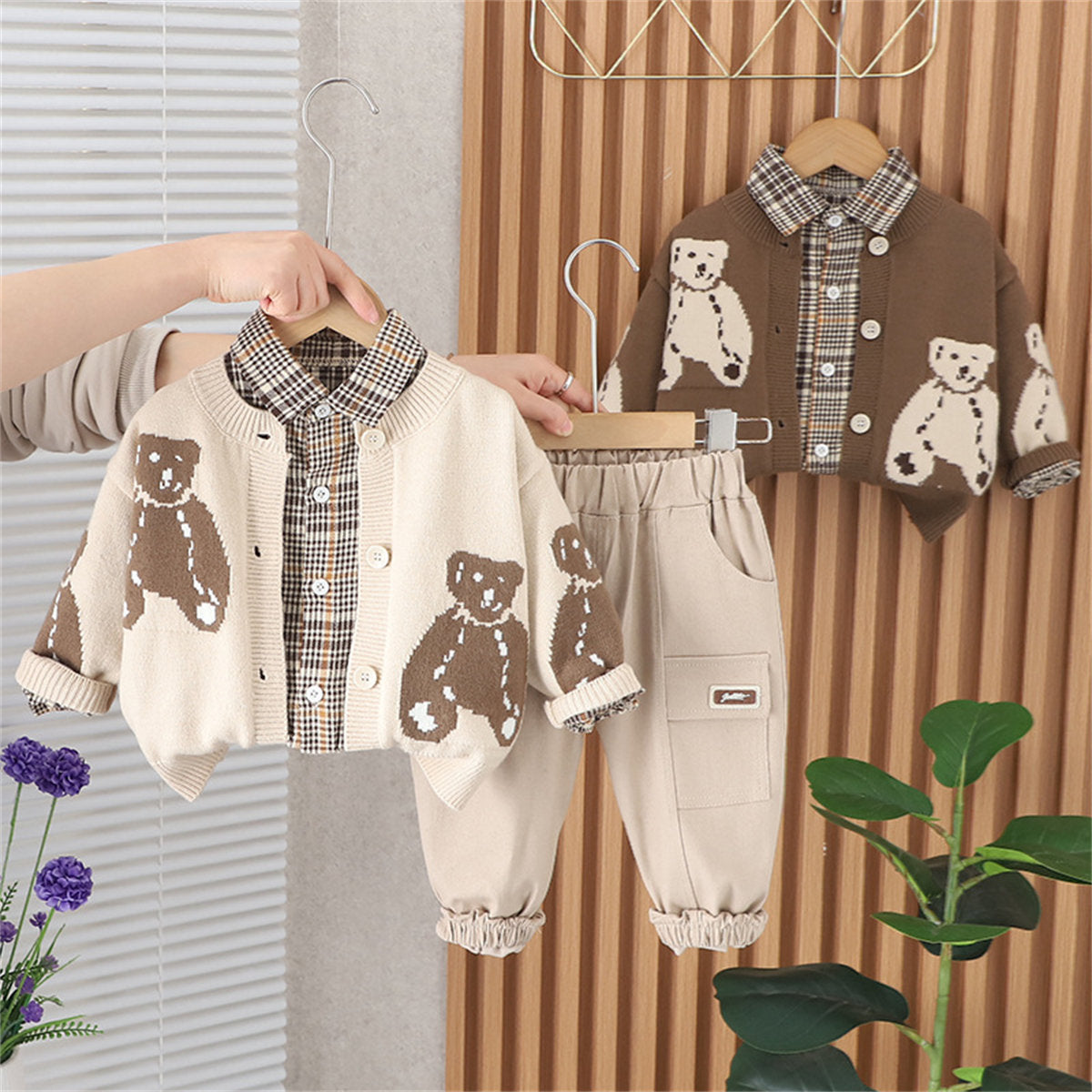 Children's three-piece plaid bear suit