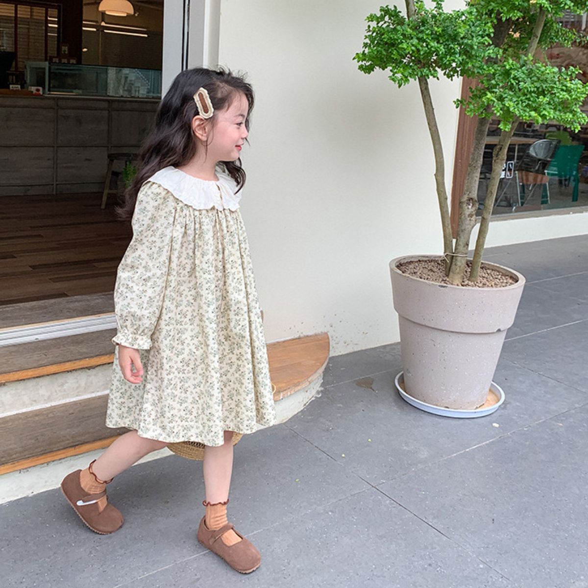 Girls floral dress autumn new style temperament lace collar dress princess dress for small and medium children