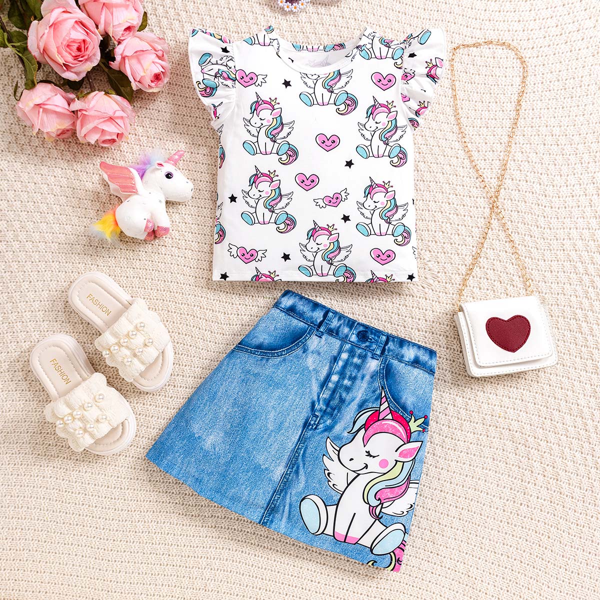 Girls cute knitted unicorn flying sleeves T-shirt and unicorn pattern denim print skirt set Spring and Summer