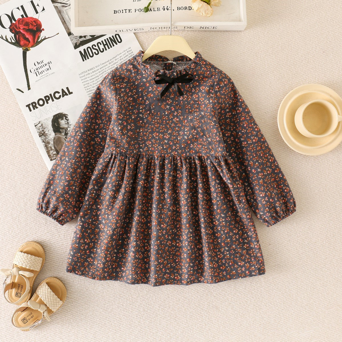 Girls dress cotton spring and autumn floral lace children's dress fashionable princess dress