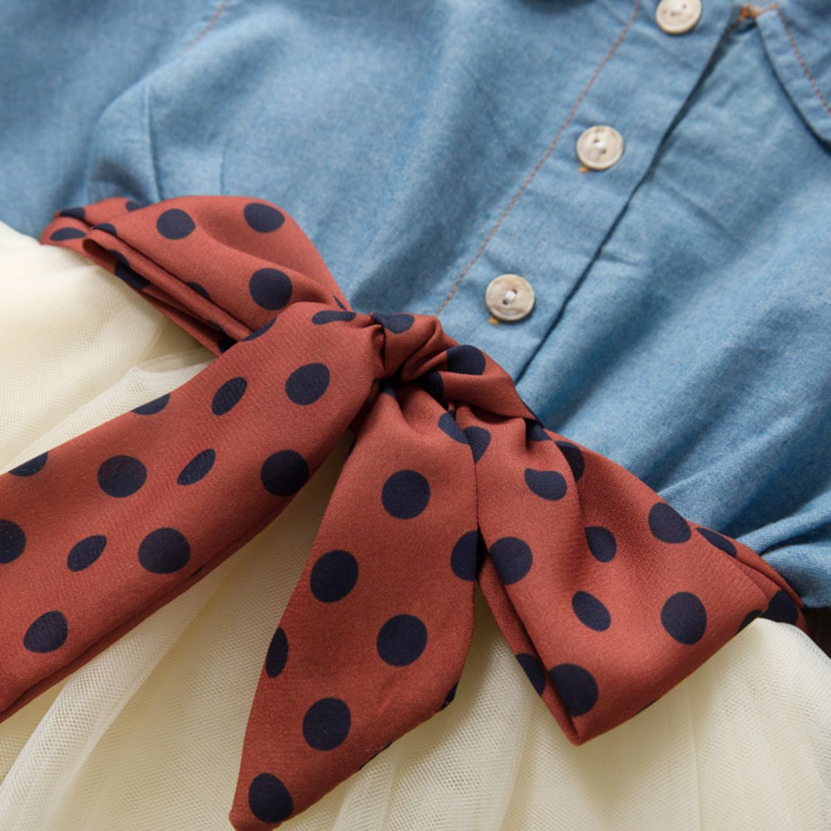 New autumn girls dress small and medium children's fashionable long-sleeved denim skirt polka dot belt skirt