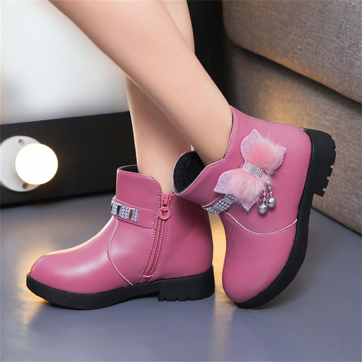 Cute furry and diamond warm waterproof Martin boots for girls in winter