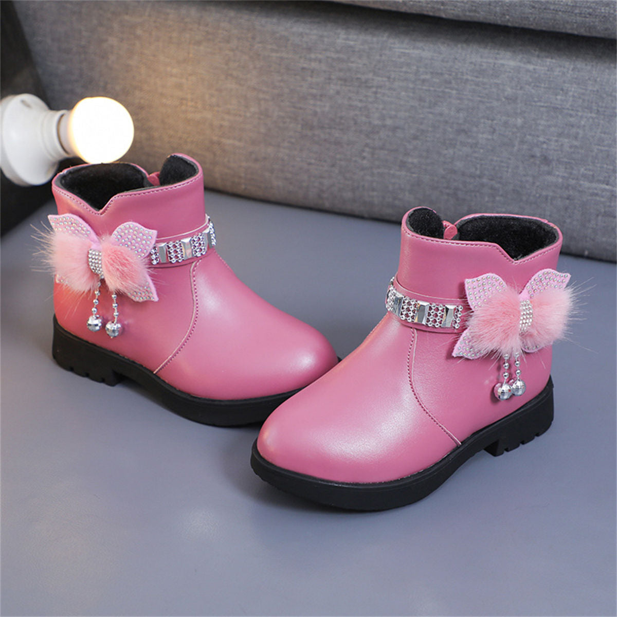 Cute furry and diamond warm waterproof Martin boots for girls in winter