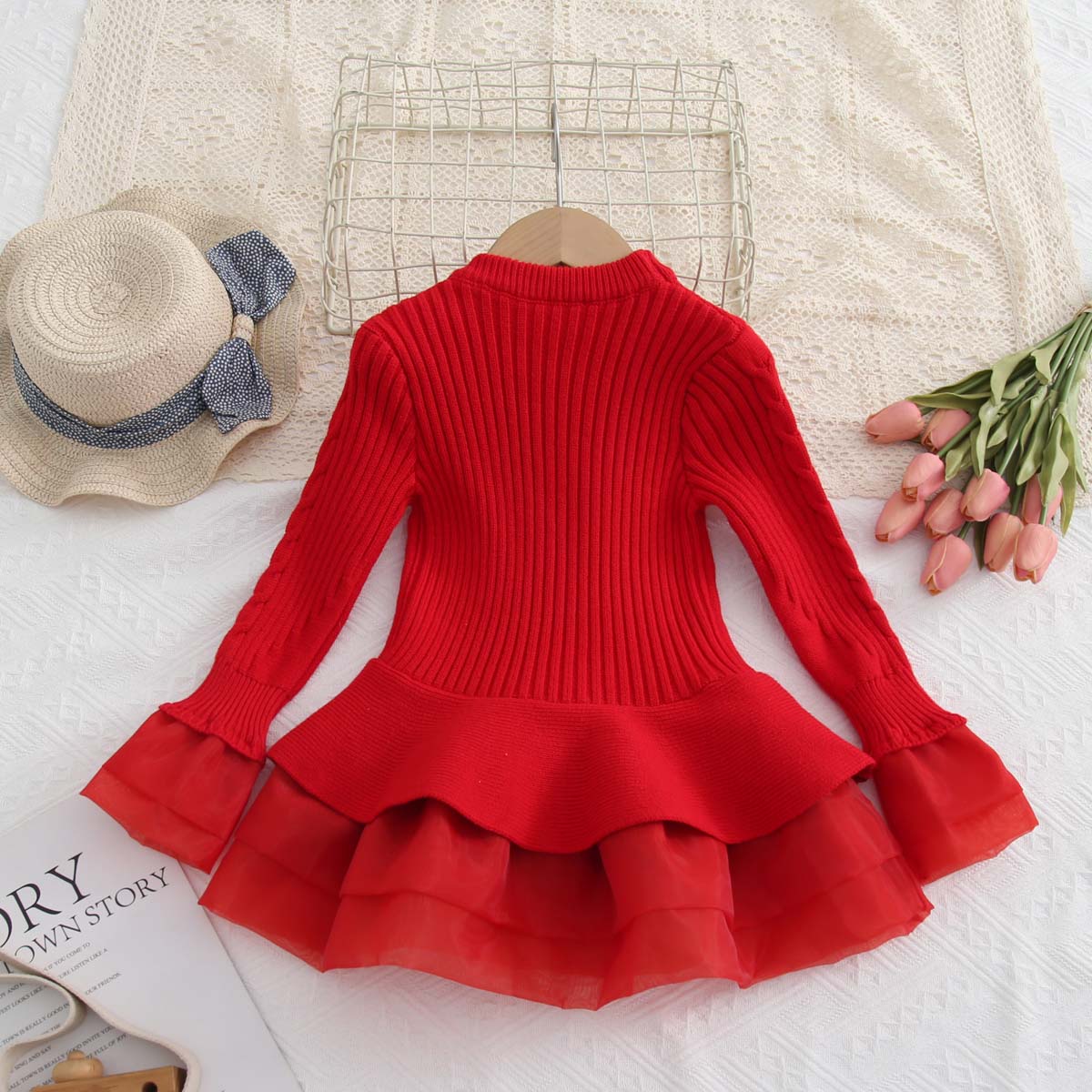 Multicolor Autumn Children's Clothing Knitted Long Sleeve Girls Princess Organza Sweater Dress