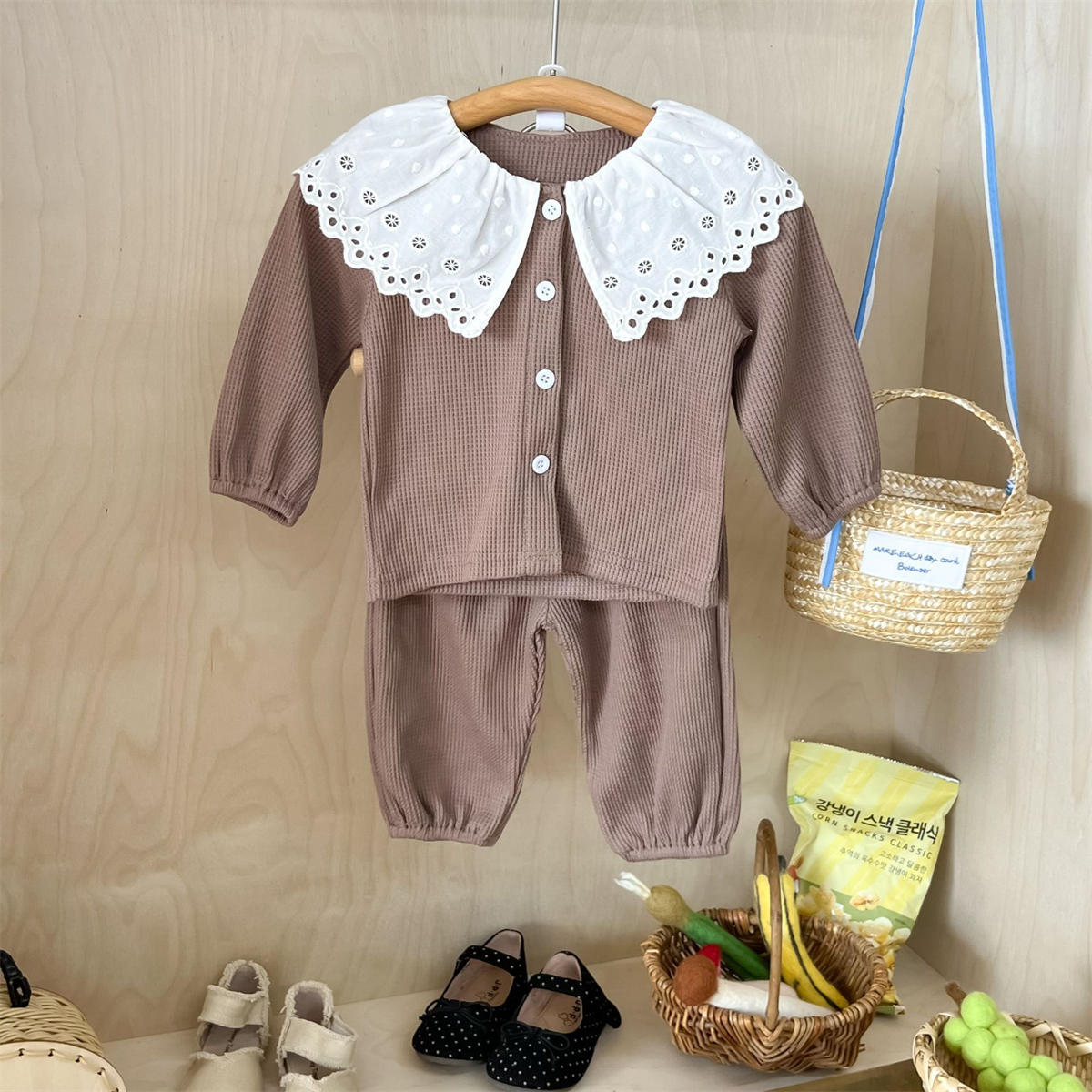 Baby Girl Lapel Long Sleeve Top + Pants Waffle Two Piece Set