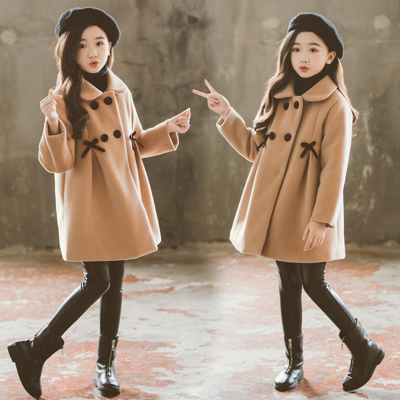 Girls solid color cute medium-length princess woolen coat