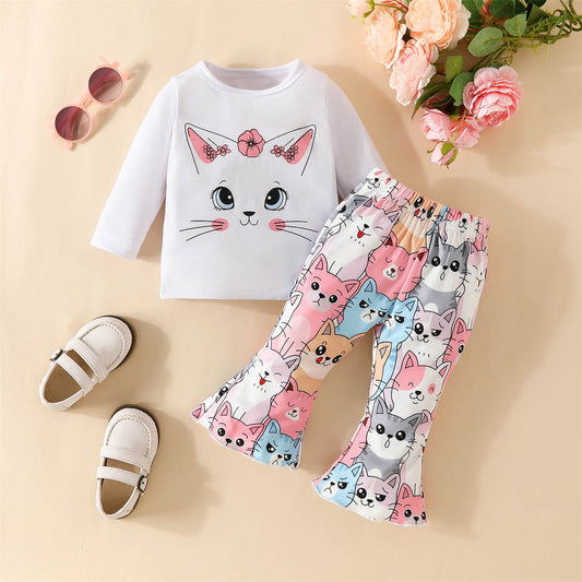 Girls Autumn and Winter Cat Print Long Sleeve Flared Trousers Two-piece Set