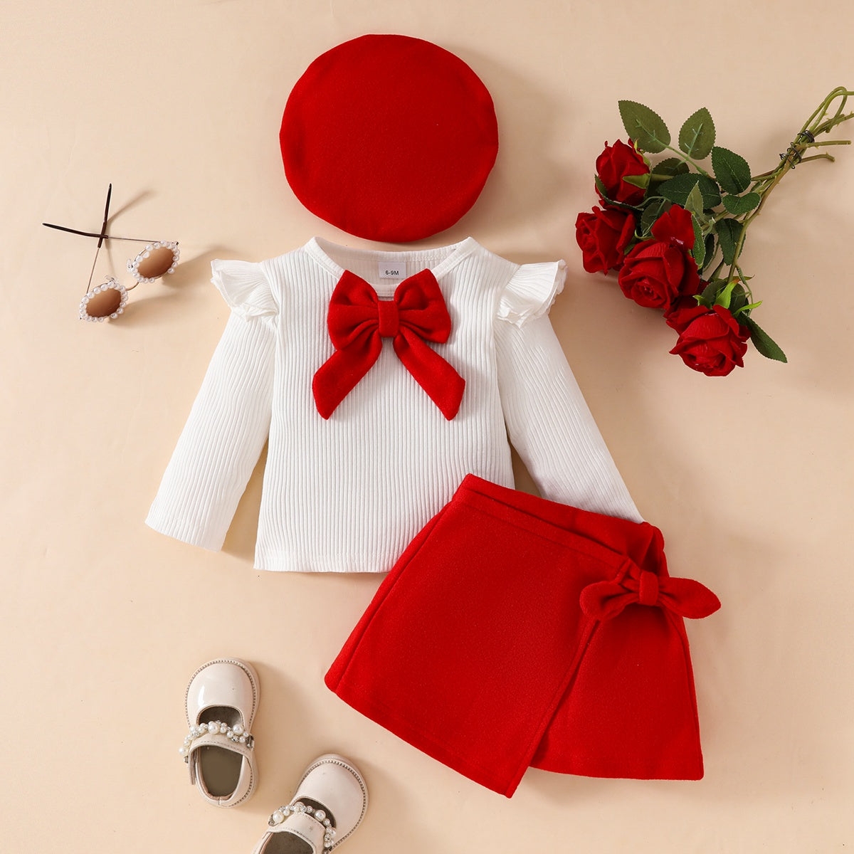 Toddler Girl Fashion Big Bow Ribbon Fabric Top + Tweed Fabric Skirt + Beret Three-piece Set