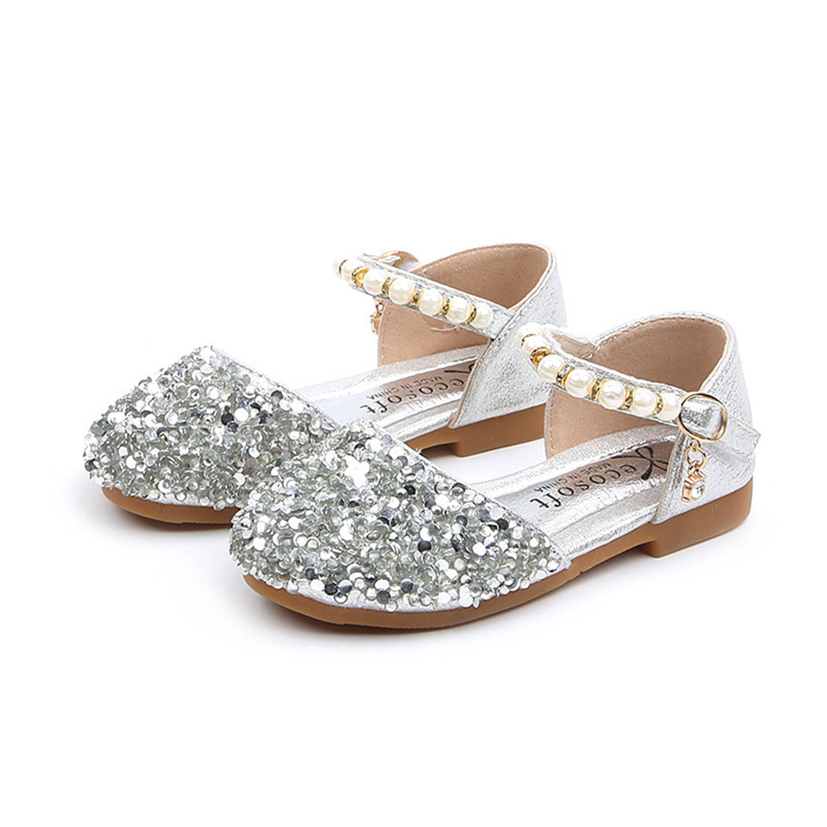 Little girl princess style sequined ladies pearl style sweet flat leather shoes