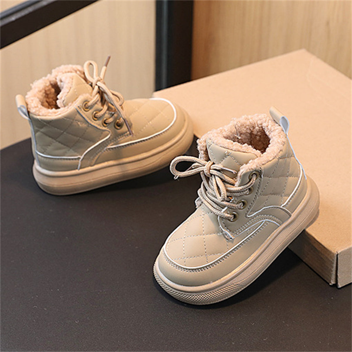 Children's girls' solid color simple British style warm plus velvet fashionable waterproof non-slip high top cotton shoes