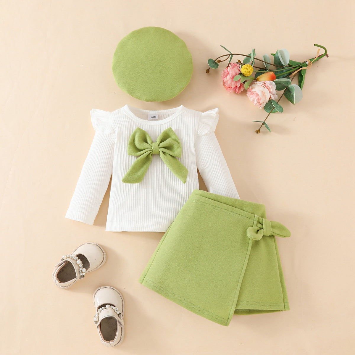 Toddler Girl Fashion Big Bow Ribbon Fabric Top + Tweed Fabric Skirt + Beret Three-piece Set