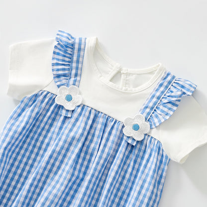 Plaid fake two-piece romper