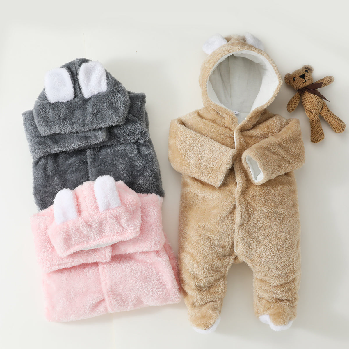 Baby Solid Color Bear Ear Plush Long-sleeved Long-leg Romper