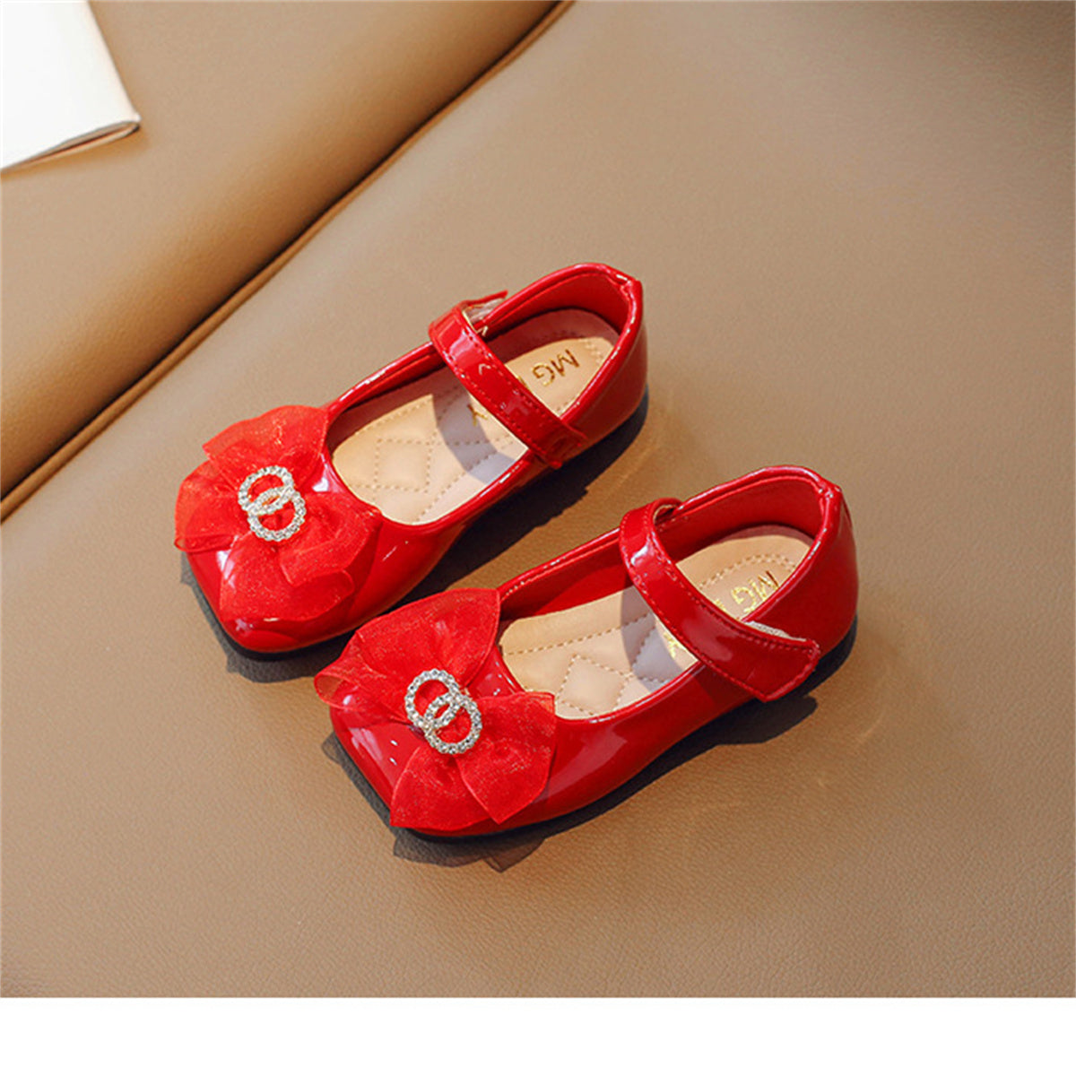 Sweet Chanel style square toe bow flat leather shoes for little girls