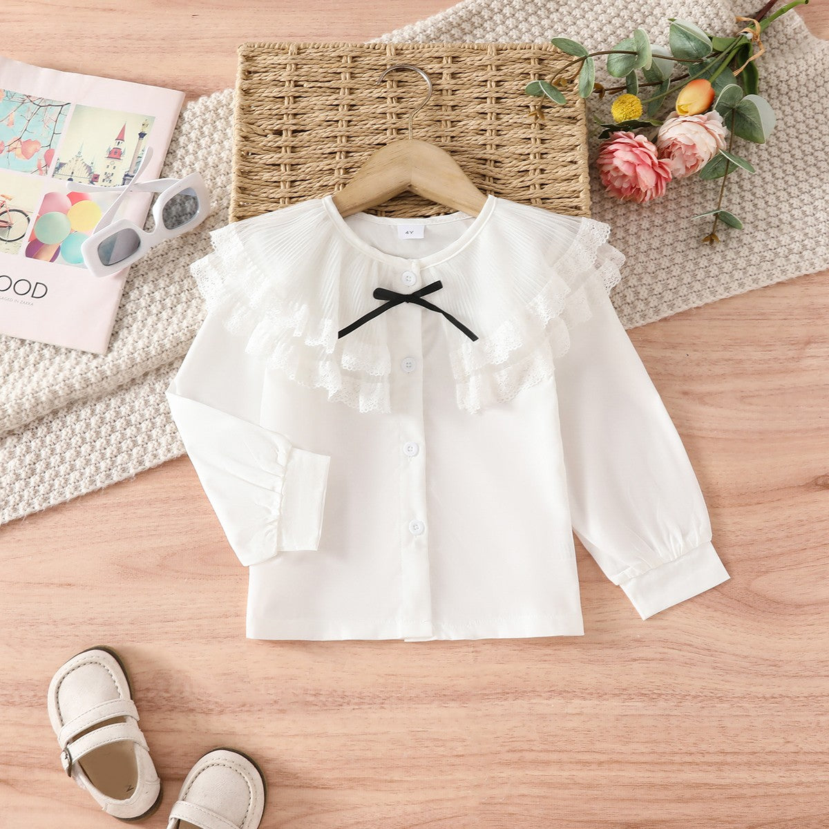 4-7 years old girls elegant ladies daily versatile double-layer lace mesh splicing collar bow simple long-sleeved shirt