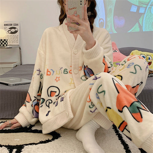 Cartoon flannel pajamas women thick coral fleece long sleeve cardigan plush suit