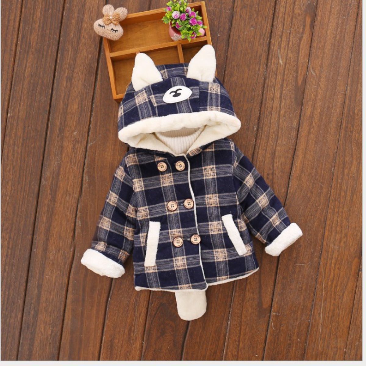 Plaid hooded plush and thickened double-breasted cotton jacket for boys and girls